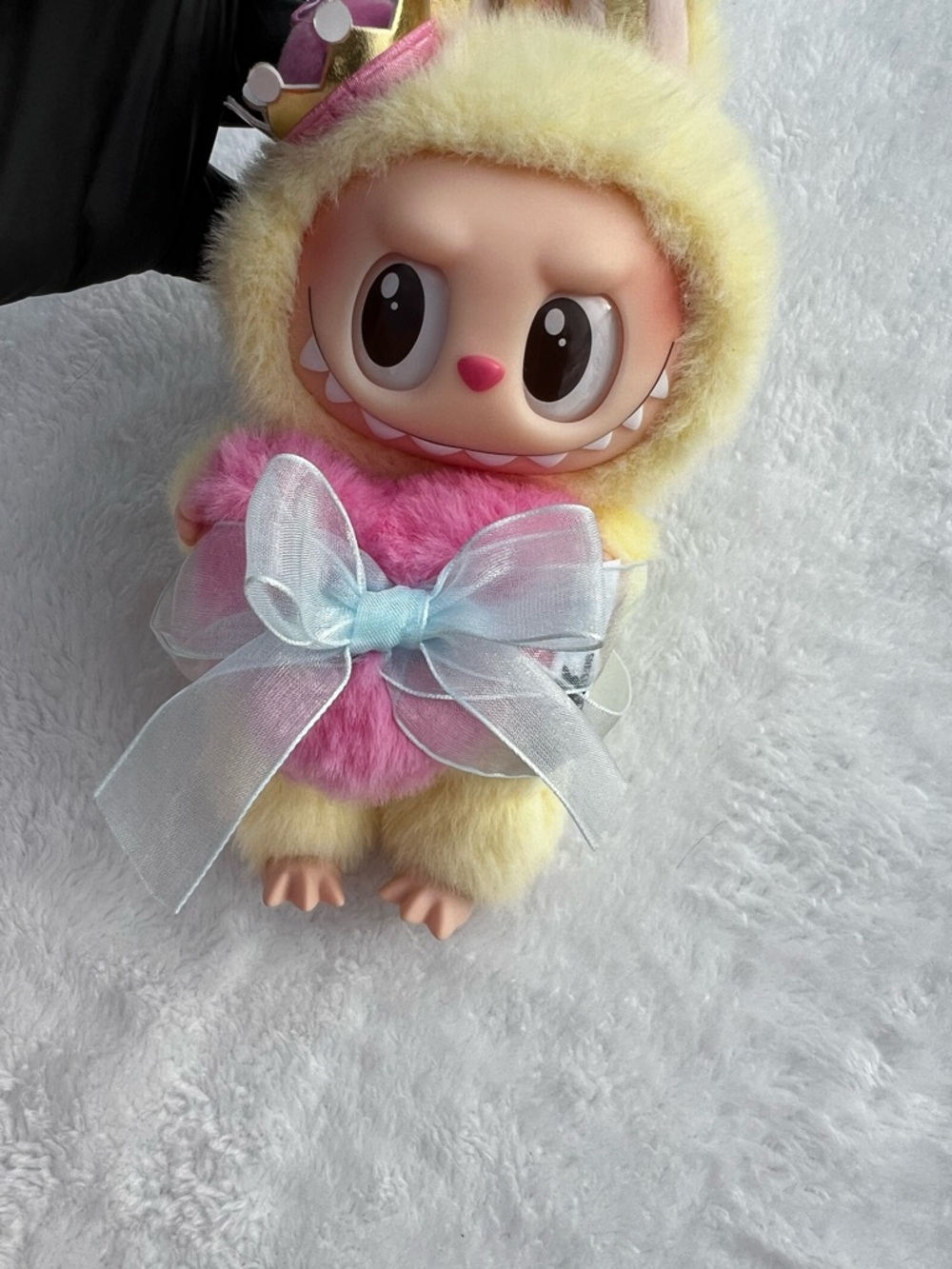 Plush Small Pet Toy in Yellow and Pink with Blue Bow